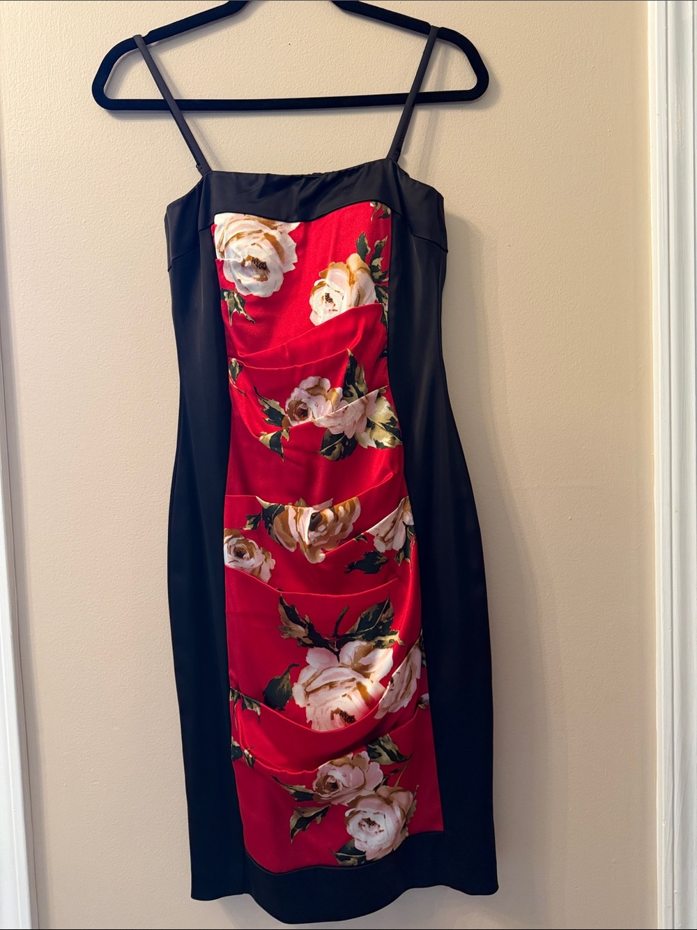 Cache silk Black Midi Dress with Red Floral Panel